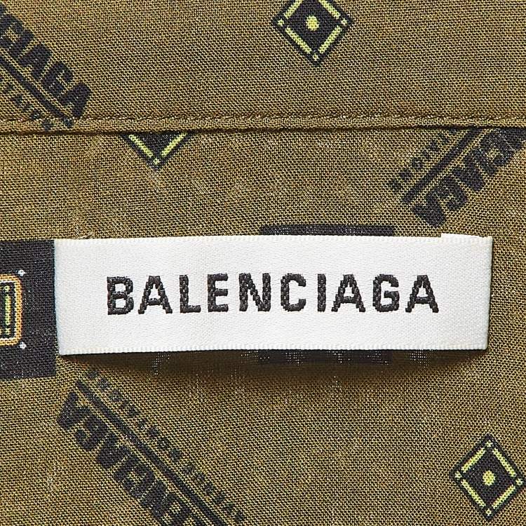 Pre Owned Balenciaga Green Geometric Print Crepe Long Sleeve Shirt M