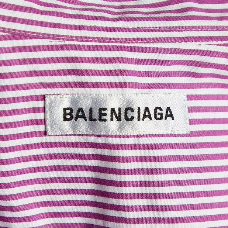 Pre Owned Balenciaga Pink/White Striped Logo Print Cotton Oversized Shirt S