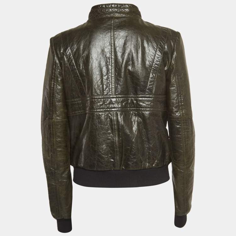 Pre Owned Balenciaga Green Leather Zipper Rider Jacket M