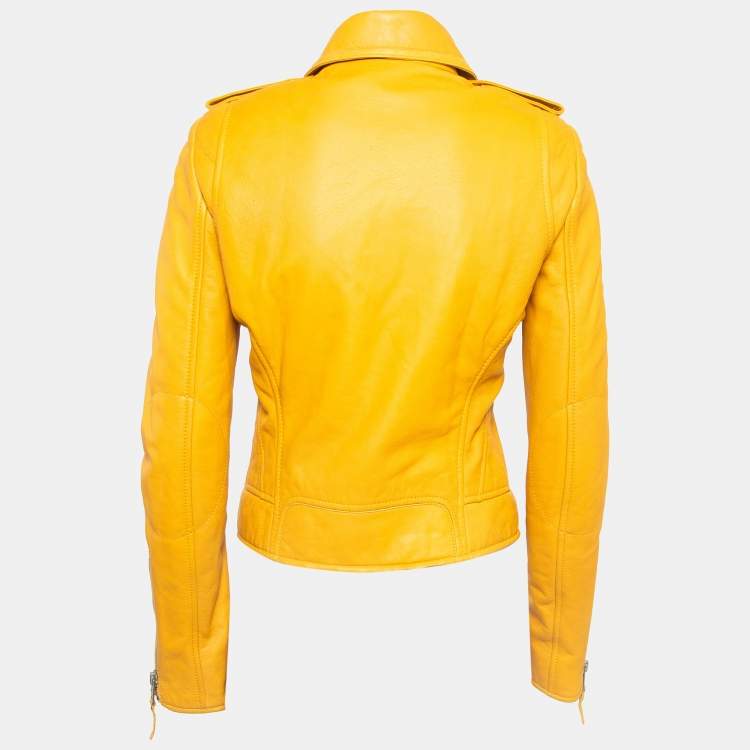 Pre Owned Balenciaga Yellow Leather Zipper Riders Jacket M