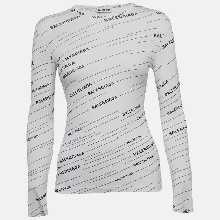 Pre Owned Balenciaga White Diagonal Logo Print Jersey Long Sleeve T-Shirt S