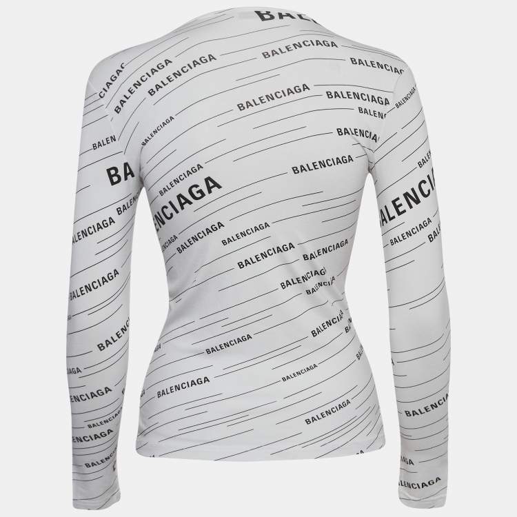 Pre Owned Balenciaga White Diagonal Logo Print Jersey Long Sleeve T-Shirt S