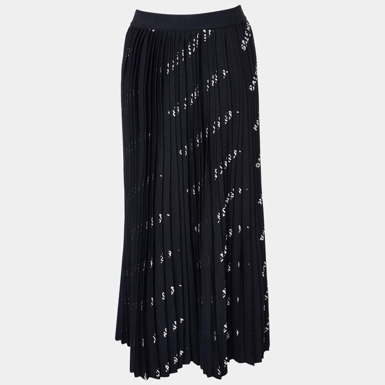 Pre Owned Balenciaga Black All-Over Logo Print Knit Pleated Midi Skirt M