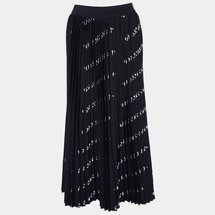 Pre Owned Balenciaga Black All-Over Logo Print Knit Pleated Midi Skirt M