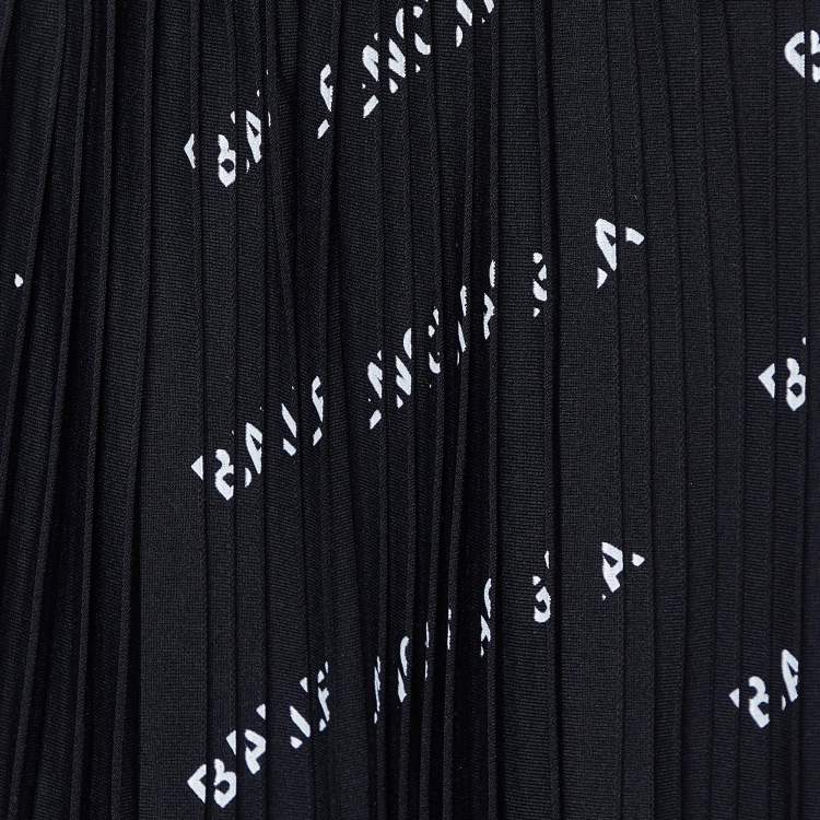 Pre Owned Balenciaga Black All-Over Logo Print Knit Pleated Midi Skirt M