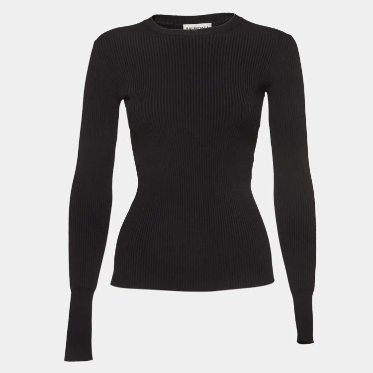 مملوكة مسبقًا Balenciaga Black Logo Applique Rip Knit Crew Neck Top S