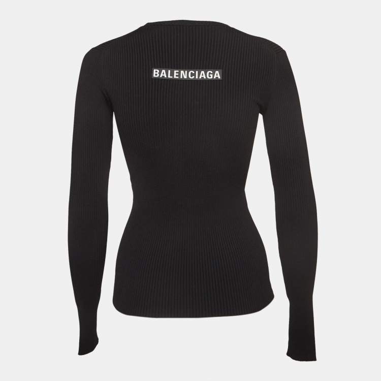 مملوكة مسبقًا Balenciaga Black Logo Applique Rip Knit Crew Neck Top S