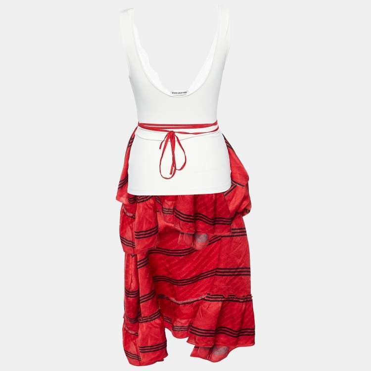 Pre Owned Balenciaga Red/Cream Silk & Knit Layered Midi Dress M