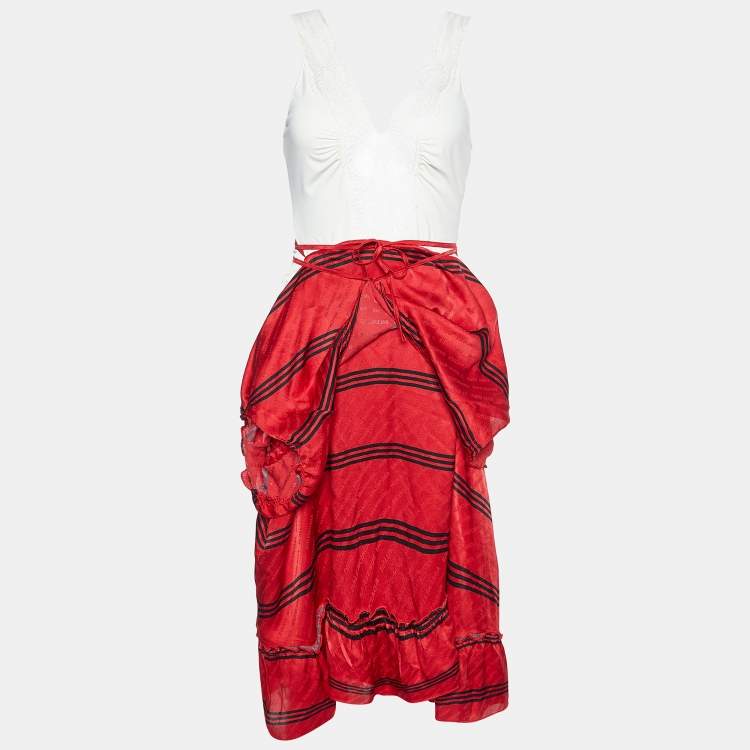 Pre Owned Balenciaga Red/Cream Silk & Knit Layered Midi Dress M
