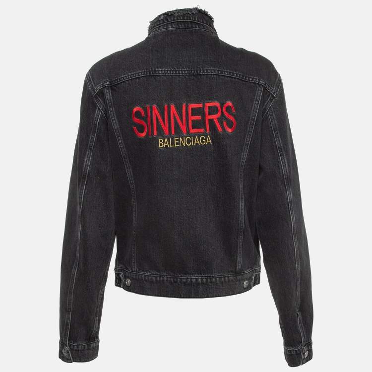 Pre Owned Balenciaga Black Sinner Embroidered Denim Distressed Jacket XL