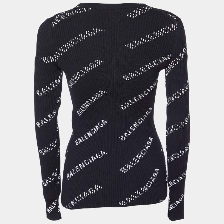 Pre Owned Balenciaga Black Logo Print Rib Knit Jumper XS