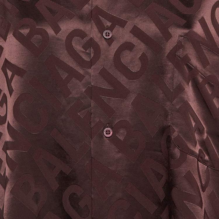 Pre Owned Balenciaga Burgundy Logo Jacquard Satin Oversized Shirt M