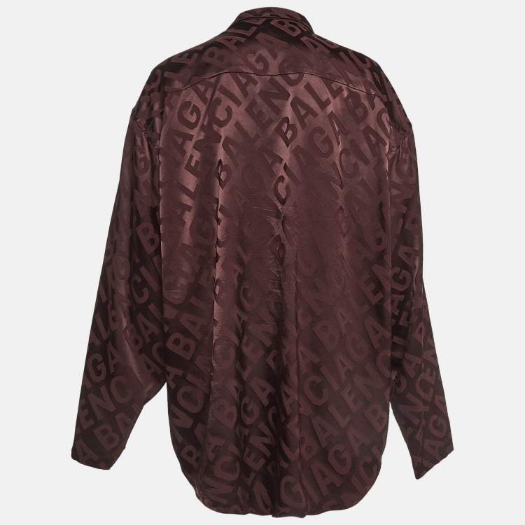 Pre Owned Balenciaga Burgundy Logo Jacquard Satin Oversized Shirt M