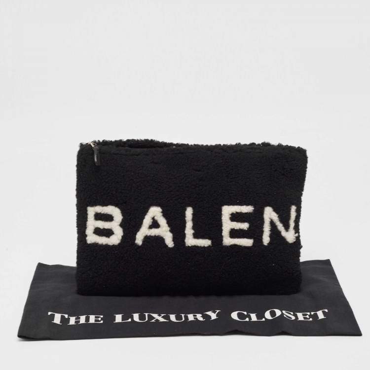 Pre Owned Balenciaga Black/White Shearling Logo Zip Pouch