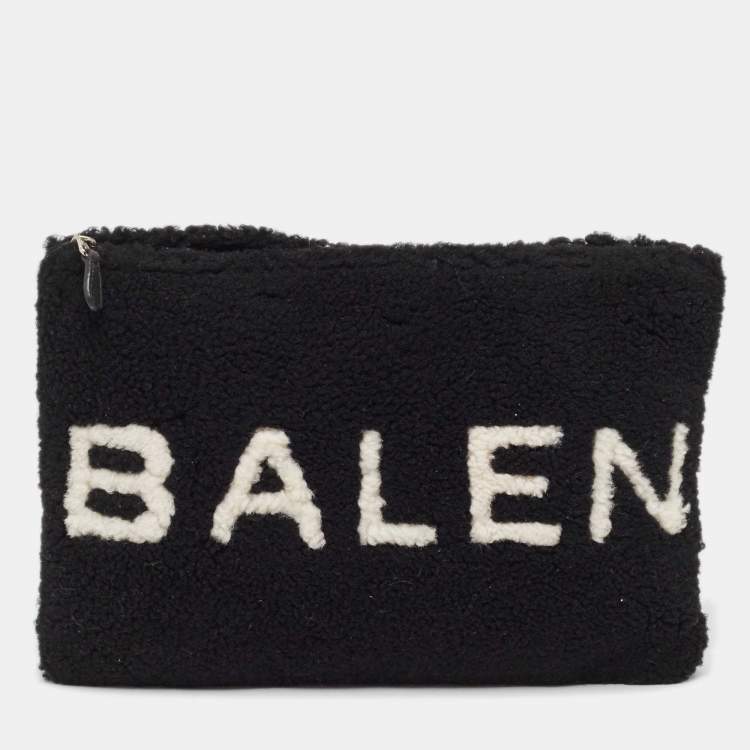 Pre Owned Balenciaga Black/White Shearling Logo Zip Pouch
