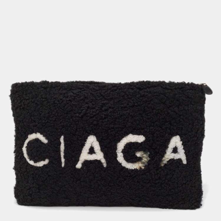 Pre Owned Balenciaga Black/White Shearling Logo Zip Pouch