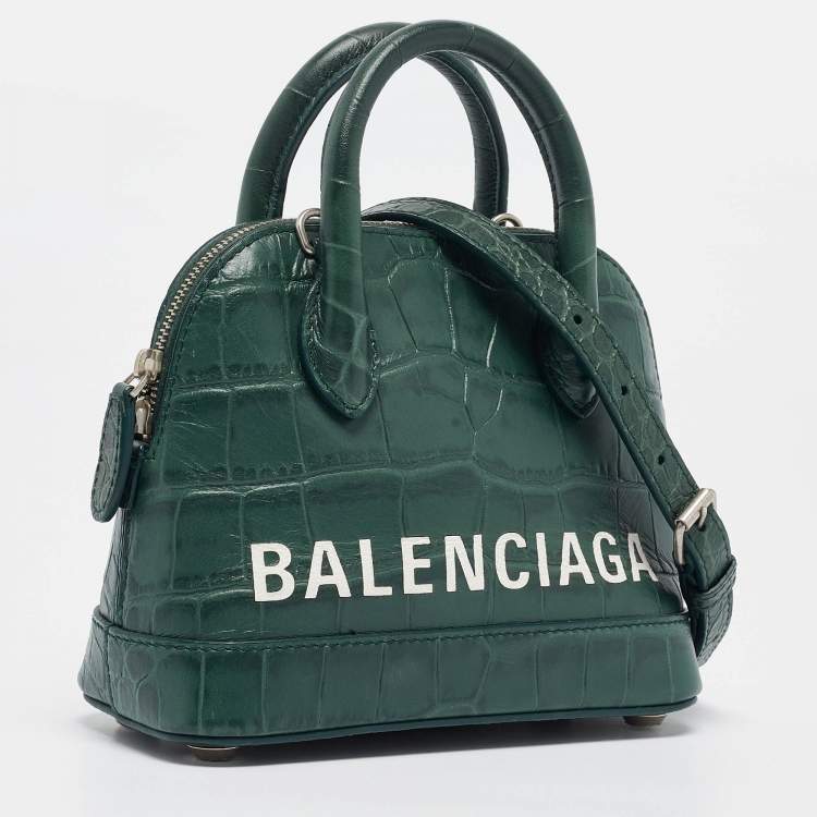 Pre Owned Balenciaga Green Croc Embossed Leather XXS Ville Satchel