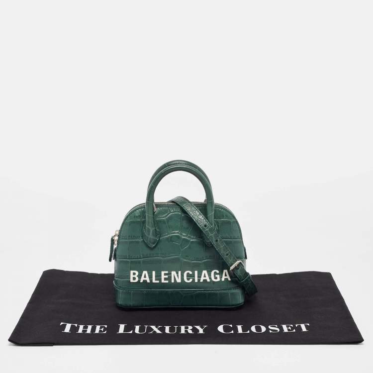 Pre Owned Balenciaga Green Croc Embossed Leather XXS Ville Satchel