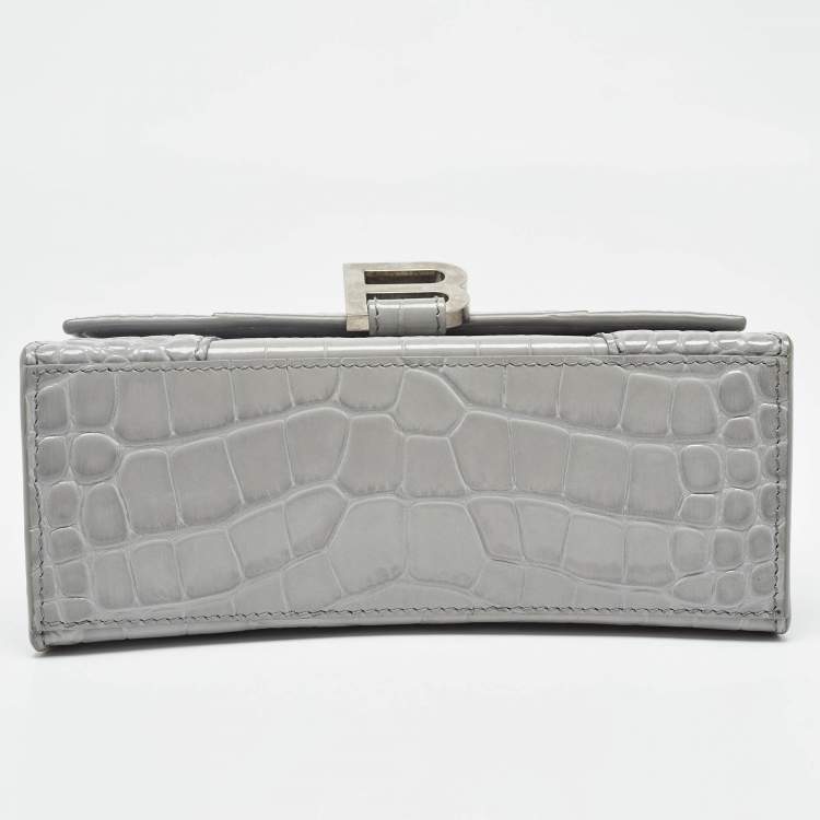 Pre Owned Balenciaga Grey Croc Embossed Leather XS Hourglass Top Handle Bag