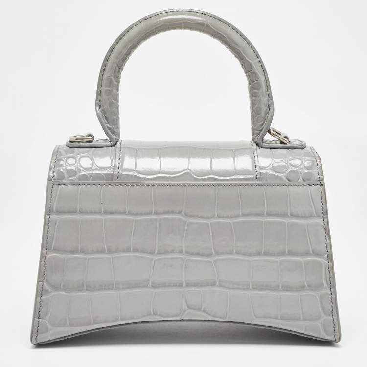 Pre Owned Balenciaga Grey Croc Embossed Leather XS Hourglass Top Handle Bag