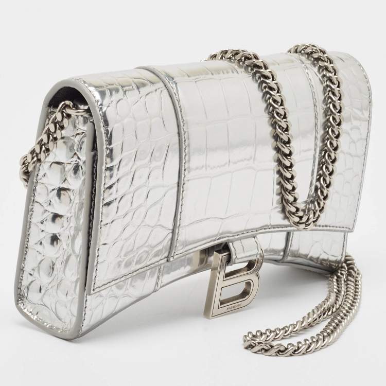 Pre Owned Balenciaga Silver Croc Embossed Patent Leather Hourglass Wallet on Chain