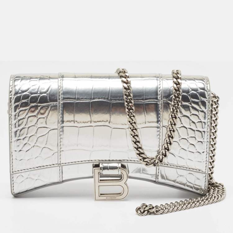 Pre Owned Balenciaga Silver Croc Embossed Patent Leather Hourglass Wallet on Chain