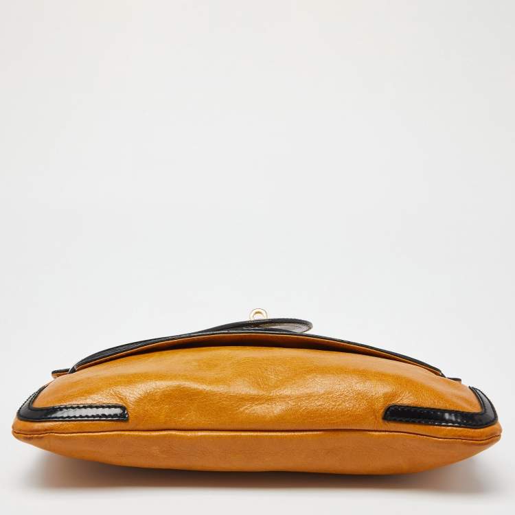 Pre Owned Balenciaga Yellow/Black Leather and Patent Leather Lune Clutch
