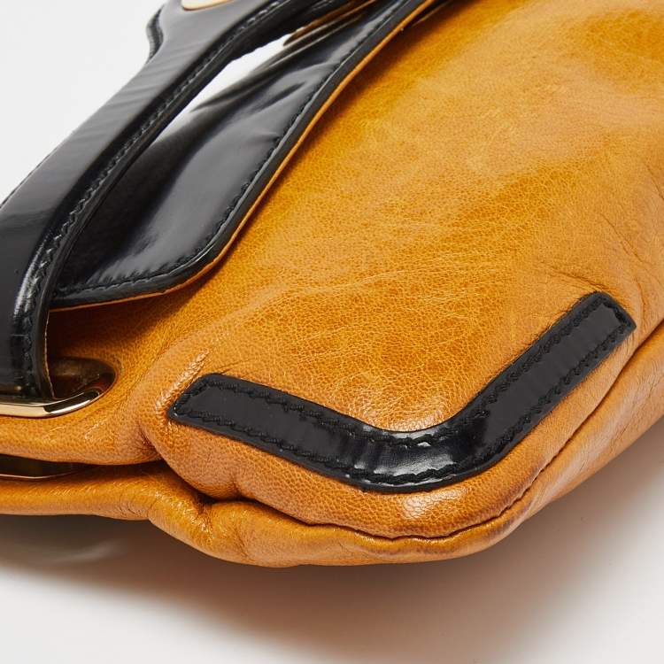 Pre Owned Balenciaga Yellow/Black Leather and Patent Leather Lune Clutch