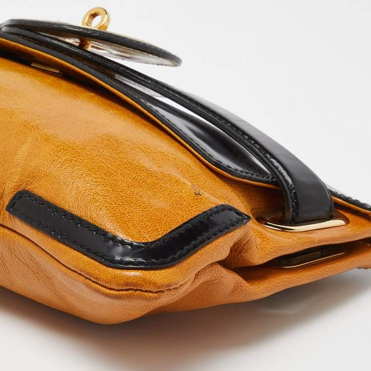 Pre Owned Balenciaga Yellow/Black Leather and Patent Leather Lune Clutch