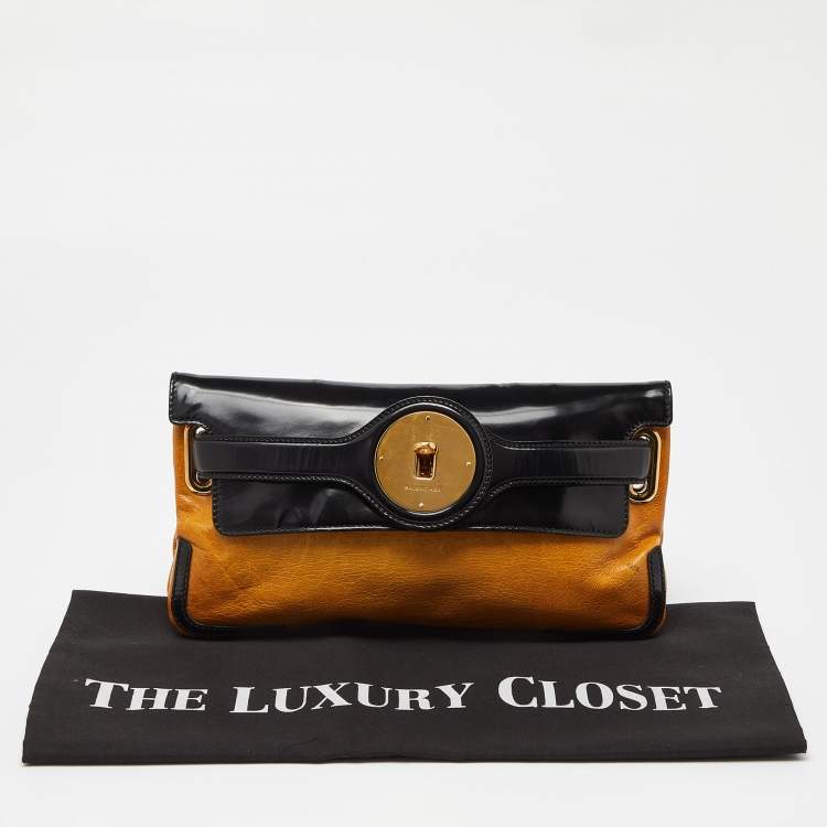 Pre Owned Balenciaga Yellow/Black Leather and Patent Leather Lune Clutch