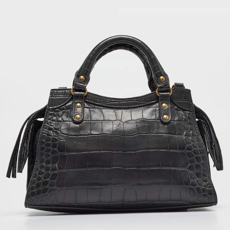 Pre Owned Balenciaga Dark Grey Croc Embossed Leather Neo Classic Bag