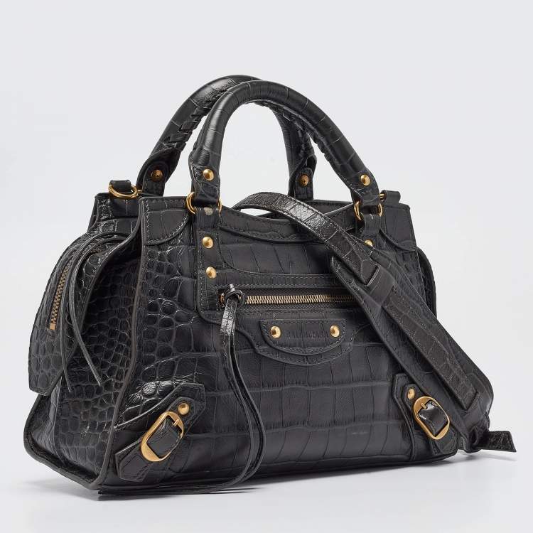 Pre Owned Balenciaga Dark Grey Croc Embossed Leather Neo Classic Bag