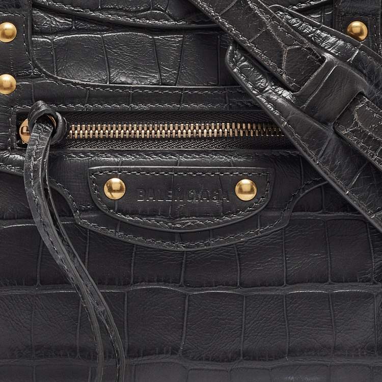 Pre Owned Balenciaga Dark Grey Croc Embossed Leather Neo Classic Bag