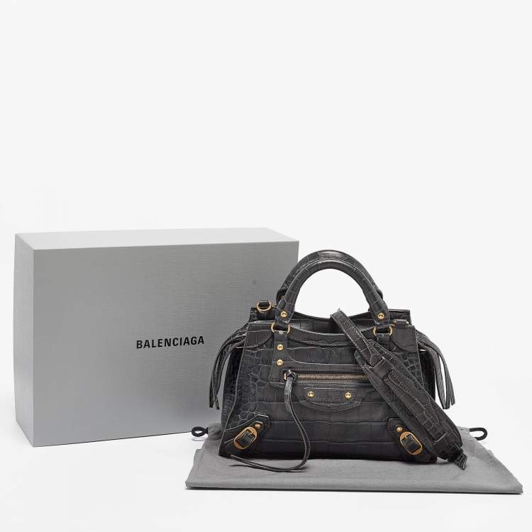 Pre Owned Balenciaga Dark Grey Croc Embossed Leather Neo Classic Bag