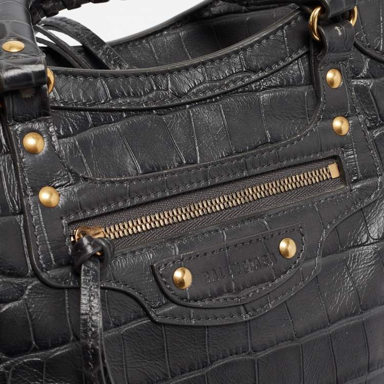 Pre Owned Balenciaga Dark Grey Croc Embossed Leather Neo Classic Bag