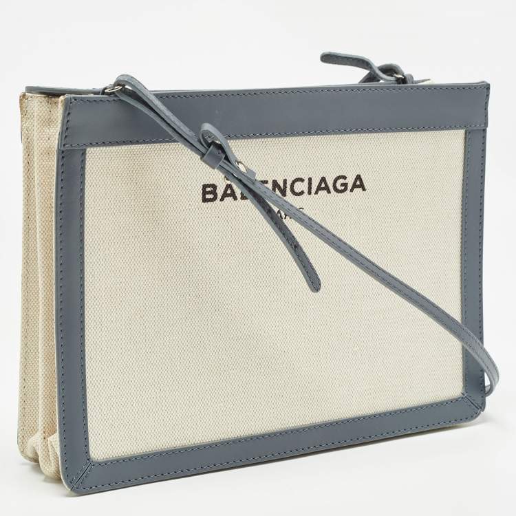Pre Owned Balenciaga Blue/Off-White Canvas and Leather Navy Pochette Crossbody Bag