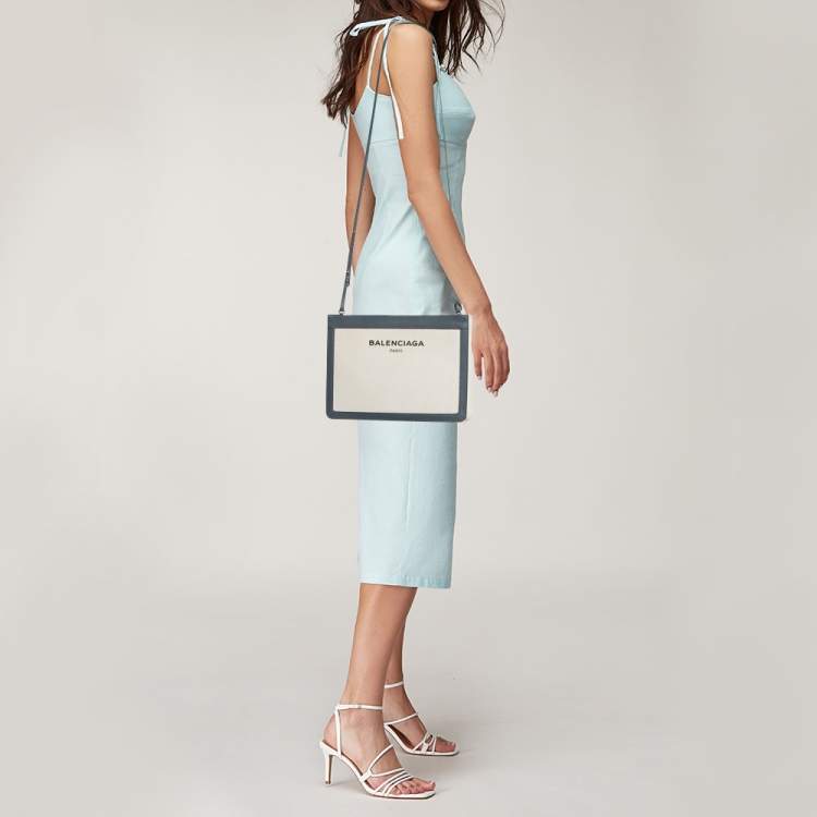 Pre Owned Balenciaga Blue/Off-White Canvas and Leather Navy Pochette Crossbody Bag