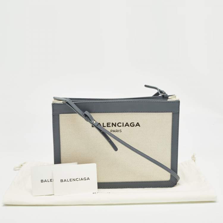 Pre Owned Balenciaga Blue/Off-White Canvas and Leather Navy Pochette Crossbody Bag