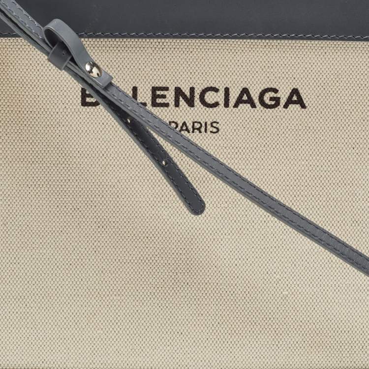 Pre Owned Balenciaga Blue/Off-White Canvas and Leather Navy Pochette Crossbody Bag