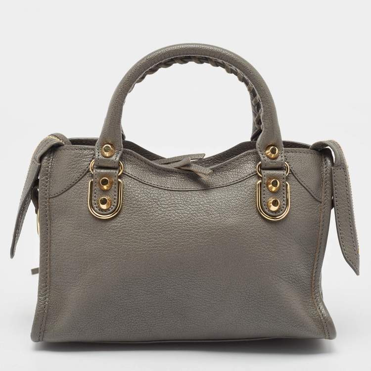 Pre Owned Balenciaga Grey Leather Mini Metallic Edge City Bag