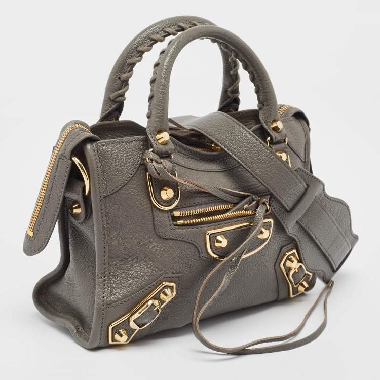 Pre Owned Balenciaga Grey Leather Mini Metallic Edge City Bag