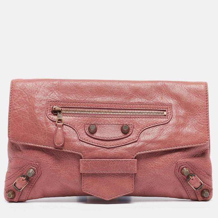 Pre Owned Balenciaga Pink Leather Motocross Flap Clutch