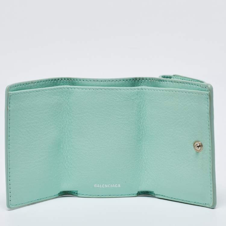 Pre Owned Balenciaga Mint Green Leather Mini Papier Wallet