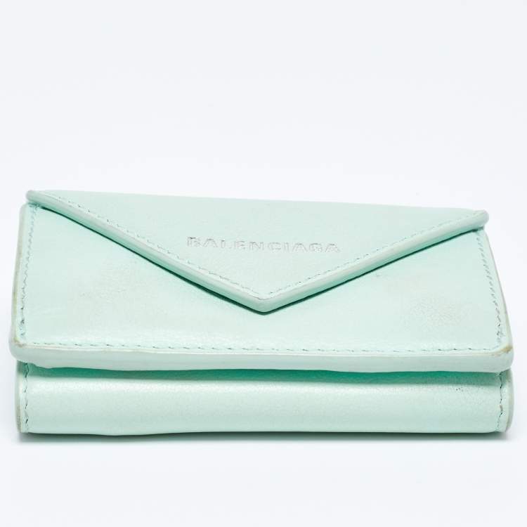 Pre Owned Balenciaga Mint Green Leather Mini Papier Wallet