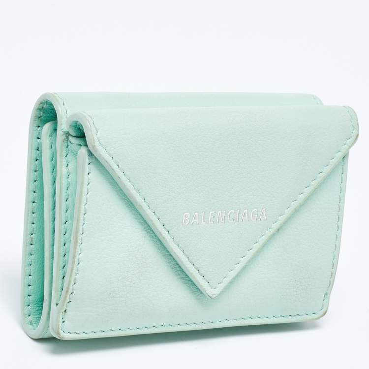 Pre Owned Balenciaga Mint Green Leather Mini Papier Wallet