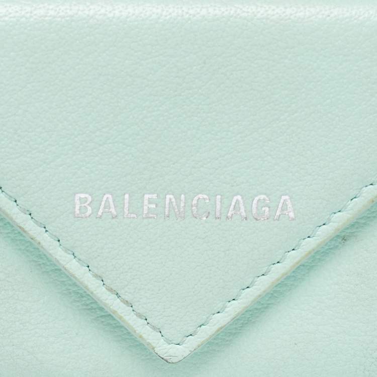 Pre Owned Balenciaga Mint Green Leather Mini Papier Wallet