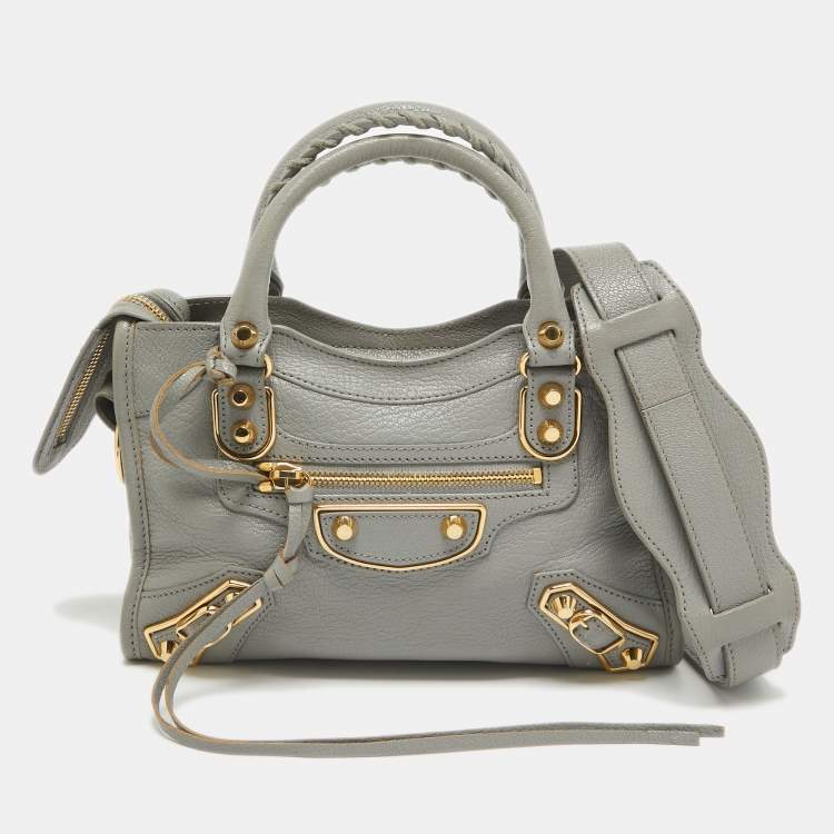 Pre Owned Balenciaga Grey Leather Mini Metallic Edge City Bag
