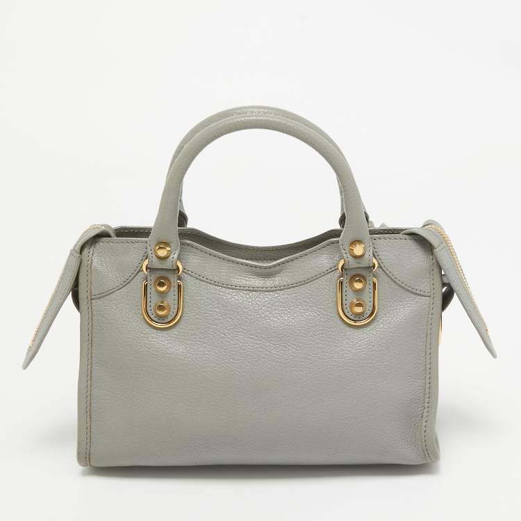 Pre Owned Balenciaga Grey Leather Mini Metallic Edge City Bag