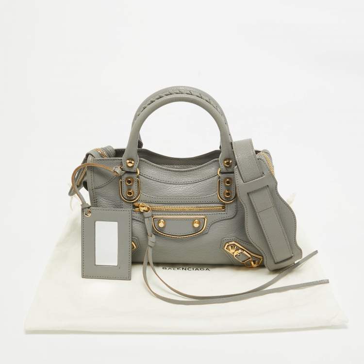 Pre Owned Balenciaga Grey Leather Mini Metallic Edge City Bag