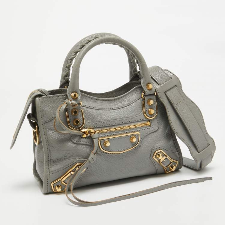 Pre Owned Balenciaga Grey Leather Mini Metallic Edge City Bag